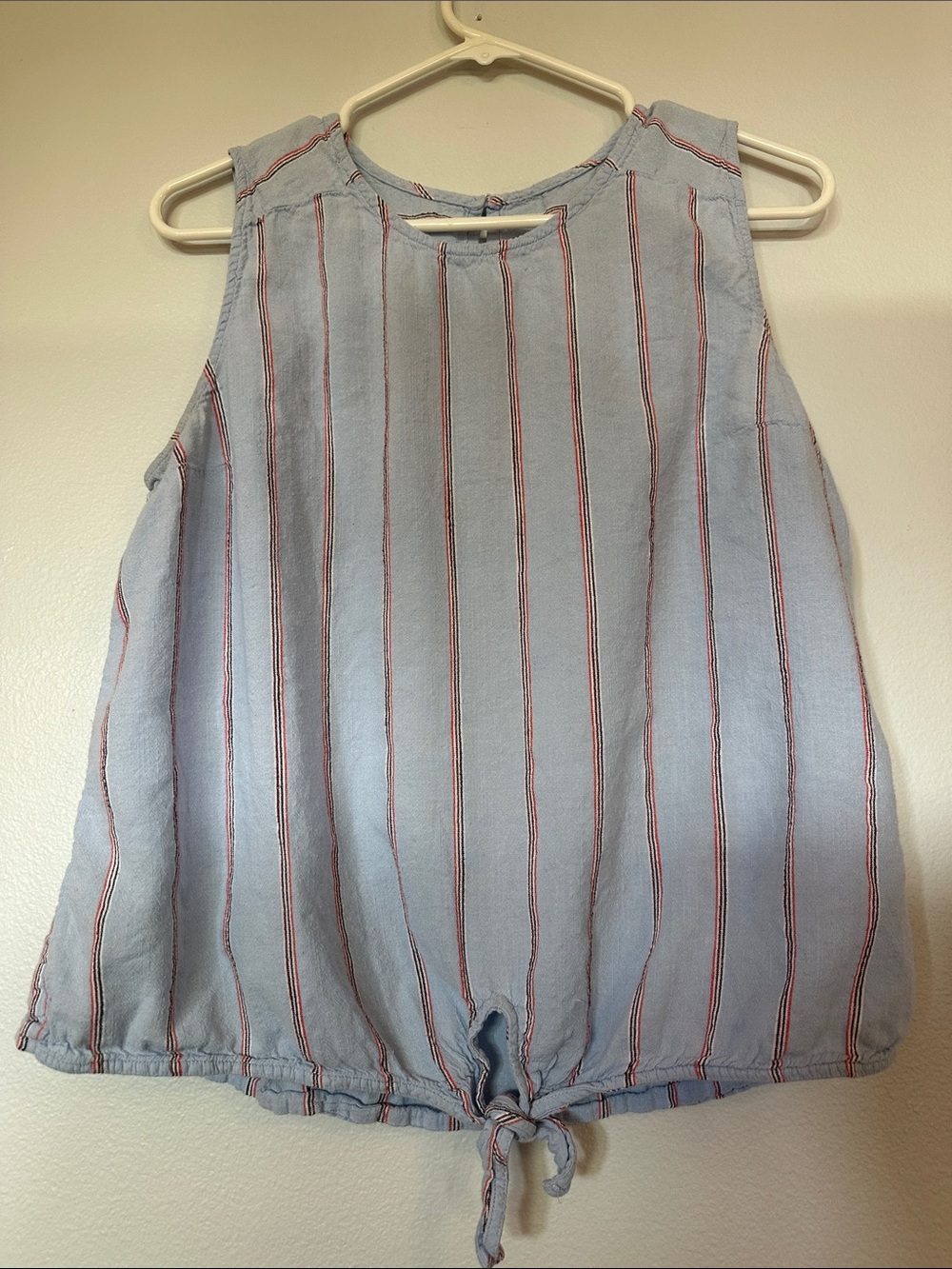 Light Blue Sleeveless Top with Red & Navy Pinstripes